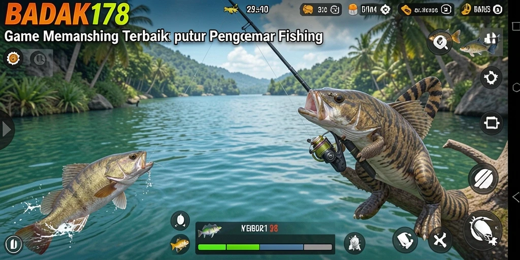 Screenshot utama BADAK178 menampilkan pemain memancing di lingkungan yang indah.