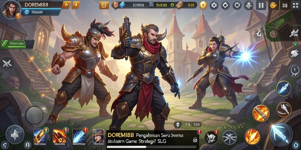 Screenshot gameplay DOREMI88 menunjukkan pertempuran epik dan pembangunan kerajaan.