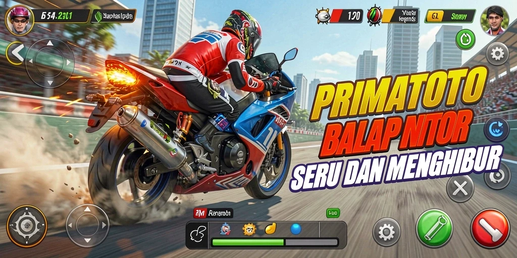 Screenshot gameplay seru dari PRIMATOTO yang menampilkan balapan motor.