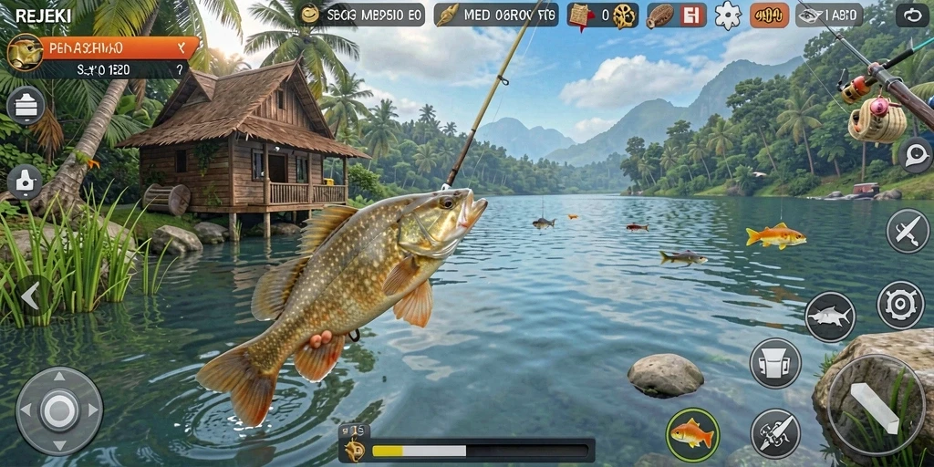 Tangkapan ikan besar di layar dari game REJEKI yang menantang.