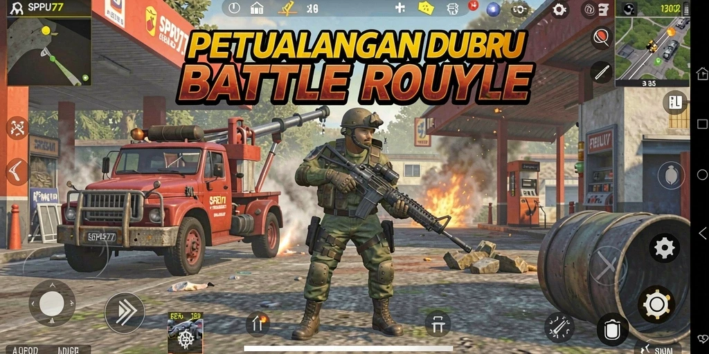 Tampilan gameplay SPBU77 dalam pertempuran Battle Royale yang intens.